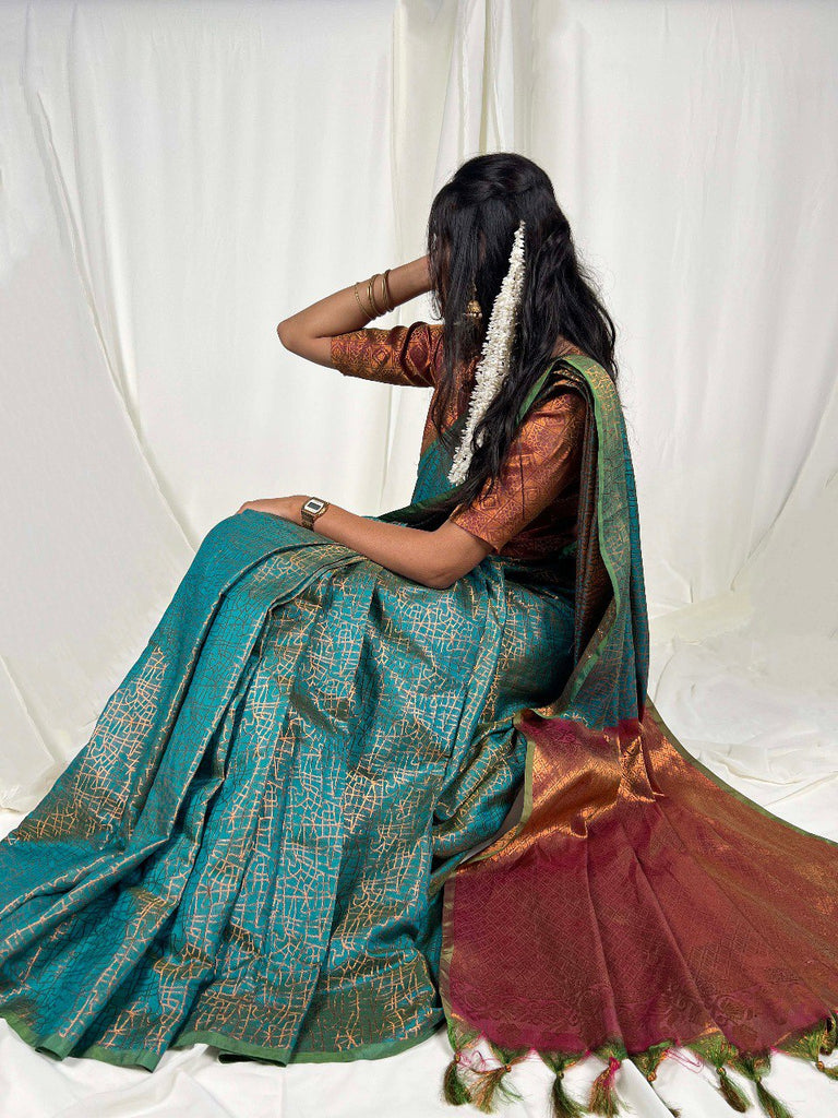 Teal Handwoven Kanchipuram Zari Weaving Saree with Unstitched Blouse Piece ClothsVilla