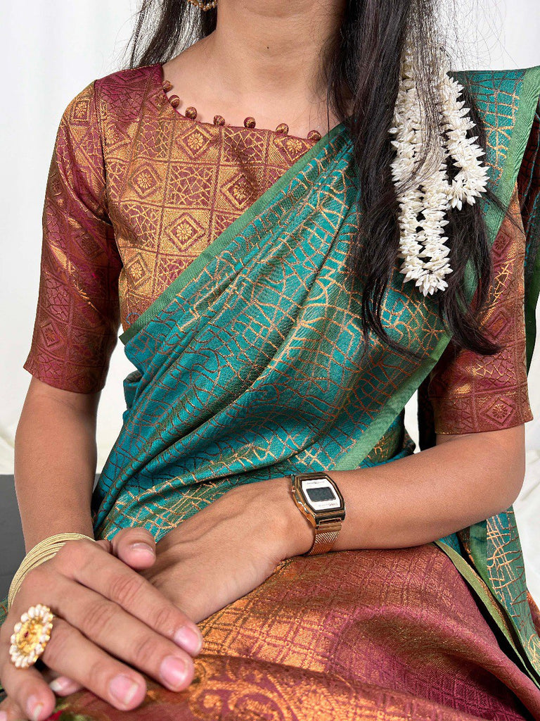 Teal Handwoven Kanchipuram Zari Weaving Saree with Unstitched Blouse Piece ClothsVilla