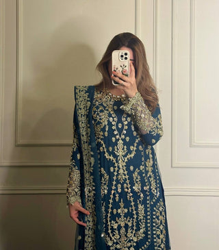 Teal Heavy Faux Georgette Embroidered Palazzo Set with 5mm Sequin & Rivet Moti Work, Fancy Latkan Border & Dupatta ClothsVilla