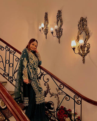 Teal Heavy Faux Georgette Embroidered Palazzo Set with 5mm Sequin & Rivet Moti Work, Fancy Latkan Border & Dupatta ClothsVilla