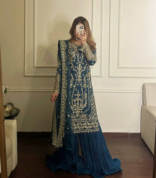 Teal Heavy Faux Georgette Embroidered Palazzo Set with 5mm Sequin & Rivet Moti Work, Fancy Latkan Border & Dupatta ClothsVilla