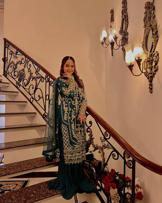 Teal Heavy Faux Georgette Embroidered Palazzo Set with 5mm Sequin & Rivet Moti Work, Fancy Latkan Border & Dupatta ClothsVilla