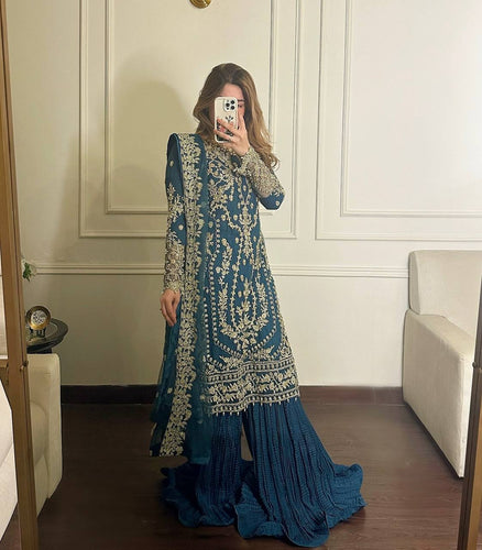 Teal Heavy Faux Georgette Embroidered Palazzo Set with 5mm Sequin & Rivet Moti Work, Fancy Latkan Border & Dupatta ClothsVilla
