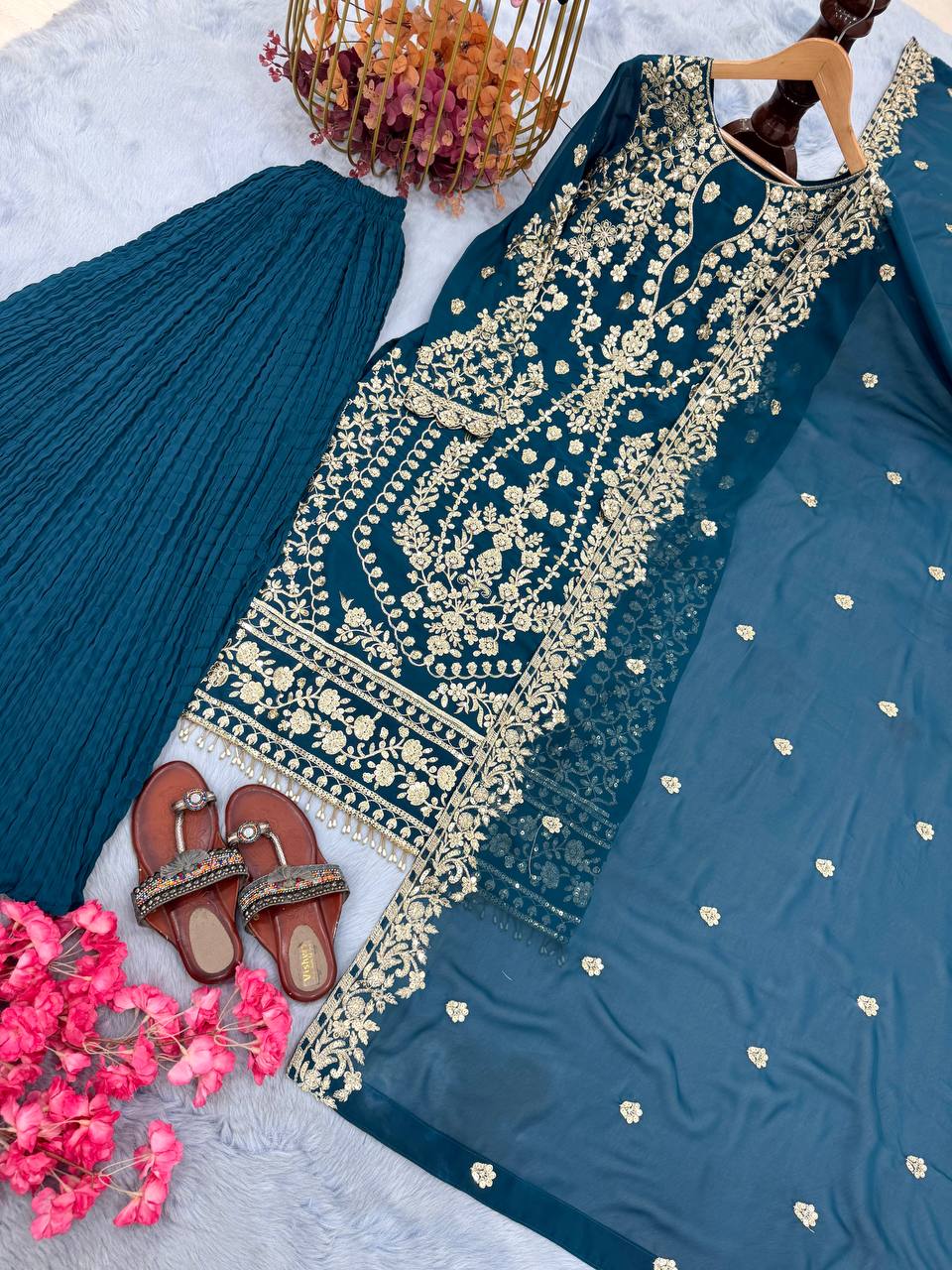 Teal Heavy Faux Georgette Embroidered Palazzo Set with 5mm Sequin & Rivet Moti Work, Fancy Latkan Border & Dupatta ClothsVilla