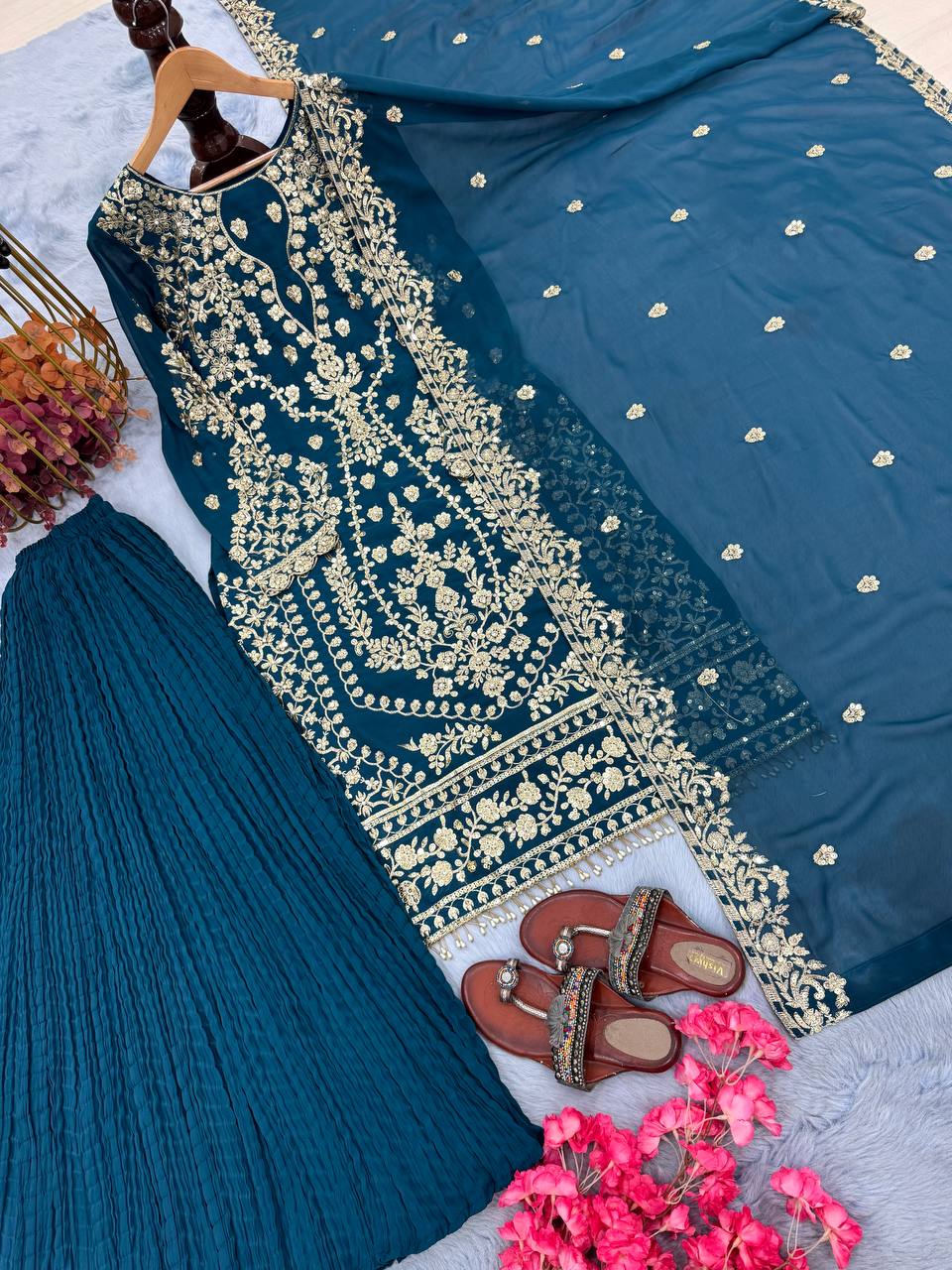 Teal Heavy Faux Georgette Embroidered Palazzo Set with 5mm Sequin & Rivet Moti Work, Fancy Latkan Border & Dupatta ClothsVilla