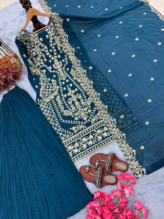Teal Heavy Faux Georgette Embroidered Palazzo Set with 5mm Sequin & Rivet Moti Work, Fancy Latkan Border & Dupatta ClothsVilla