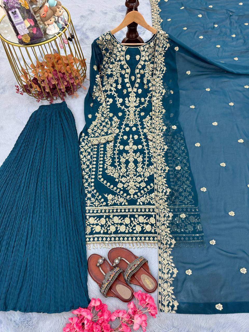 Teal Heavy Faux Georgette Embroidered Palazzo Set with 5mm Sequin & Rivet Moti Work, Fancy Latkan Border & Dupatta ClothsVilla