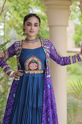 Teal Lehenga with Bandhani Shrug ClothsVilla