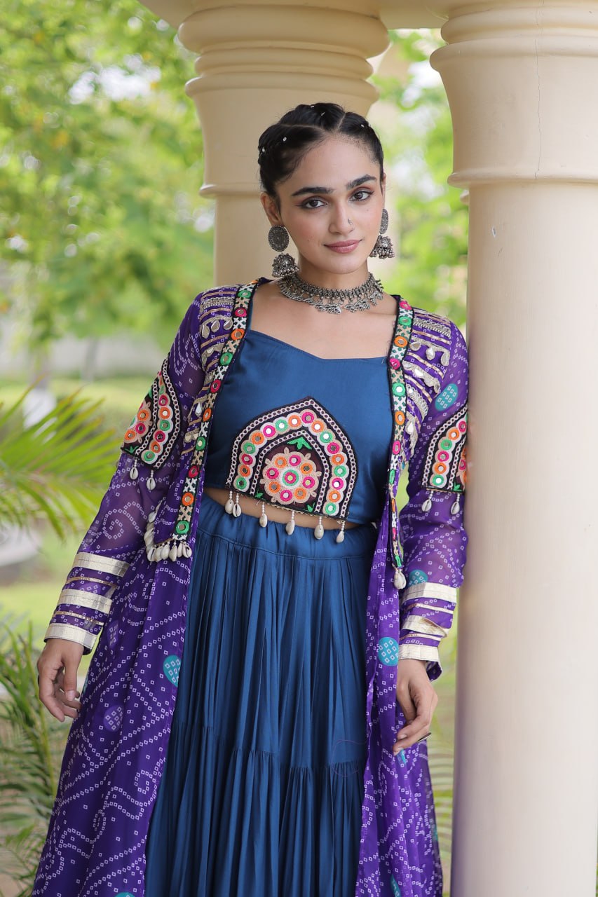 Teal Lehenga with Bandhani Shrug ClothsVilla