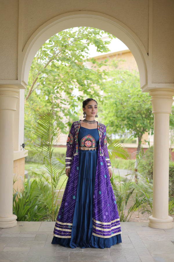 Teal Lehenga with Bandhani Shrug ClothsVilla