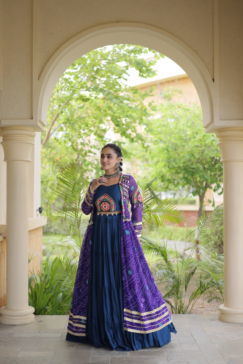 Teal Lehenga with Bandhani Shrug ClothsVilla