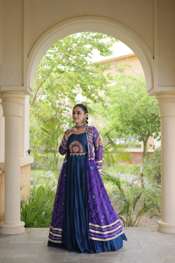 Teal Lehenga with Bandhani Shrug ClothsVilla