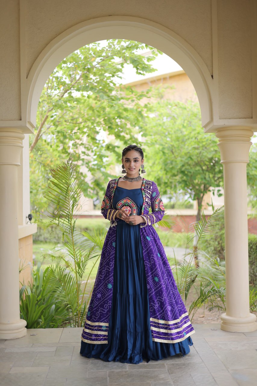 Teal Lehenga with Bandhani Shrug ClothsVilla