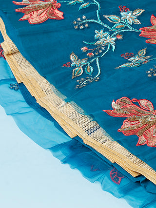 Teal Net Peach Colour Sequinse Work Semi-Stitched Lehenga & Unstitched Blouse, Dupatta Clothsvilla