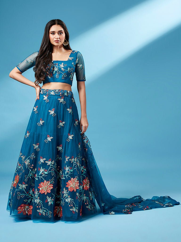 Teal Net Peach Colour Sequinse Work Semi-Stitched Lehenga & Unstitched Blouse, Dupatta Clothsvilla