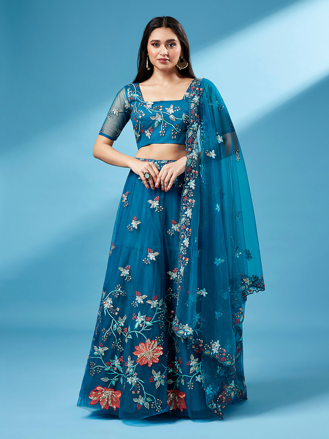 Teal Net Peach Colour Sequinse Work Semi-Stitched Lehenga & Unstitched Blouse, Dupatta Clothsvilla Main image