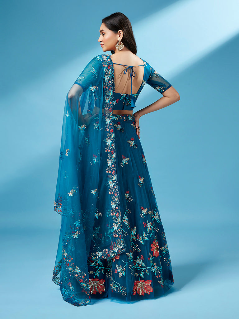 Teal Net Peach Colour Sequinse Work Semi-Stitched Lehenga & Unstitched Blouse, Dupatta Clothsvilla