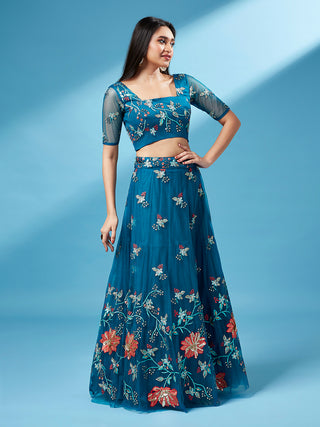 Teal Net Peach Colour Sequinse Work Semi-Stitched Lehenga & Unstitched Blouse, Dupatta Clothsvilla