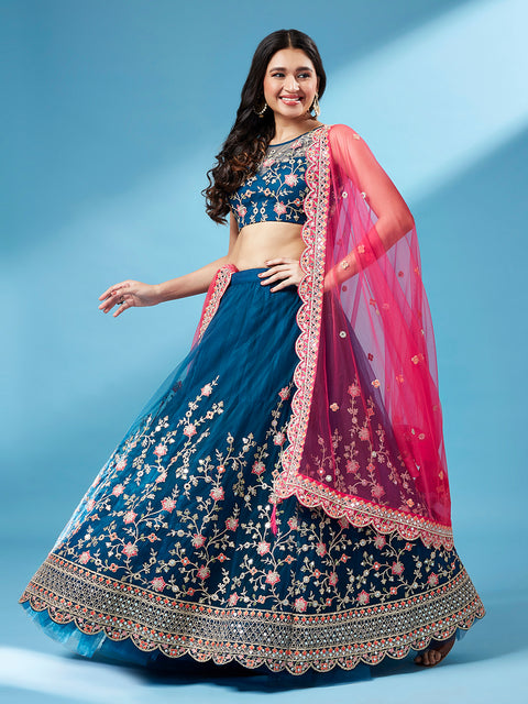 Teal Net Semi stitched Coding and Mirror Work Lehenga Choli ClothsVilla Main image