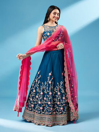 Teal Net Semi stitched Coding and Mirror Work Lehenga Choli ClothsVilla