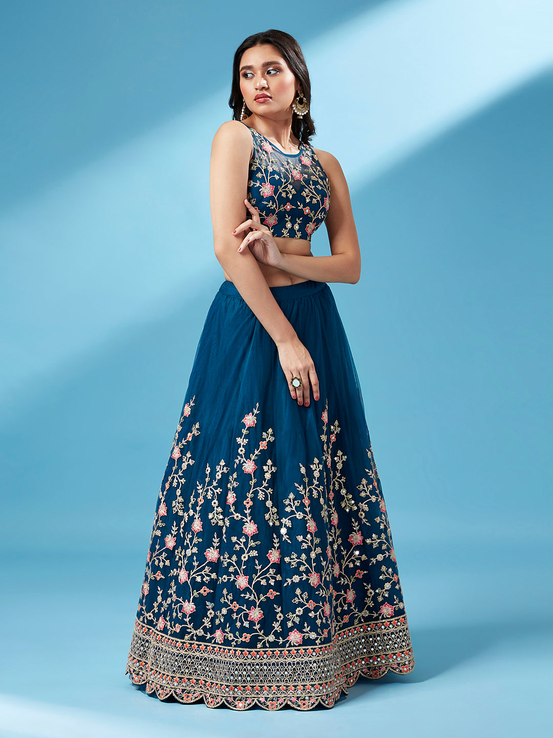 Teal Net Semi stitched Coding and Mirror Work Lehenga Choli ClothsVilla