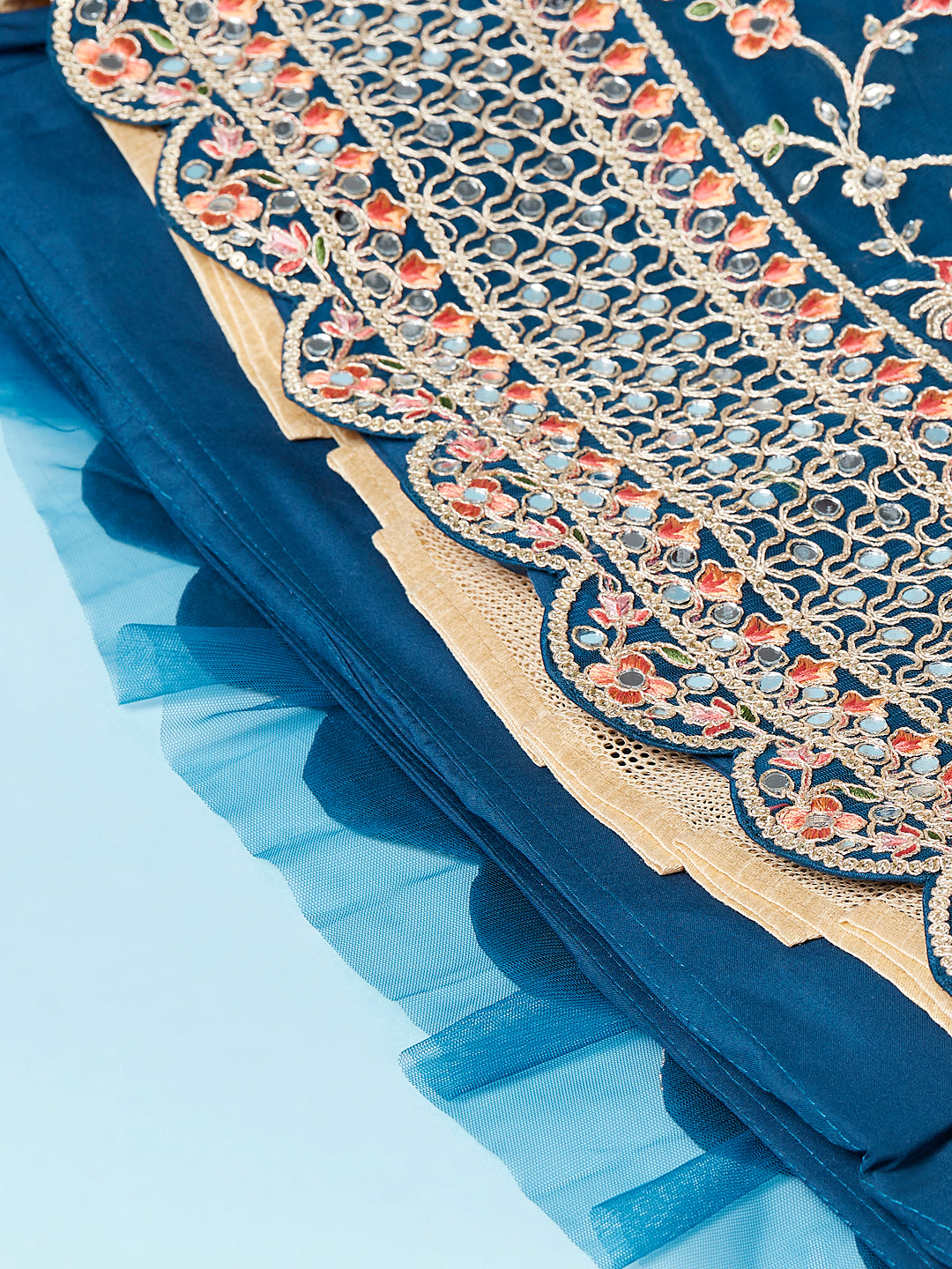 Teal Net Semi stitched Coding and Mirror Work Lehenga Choli ClothsVilla