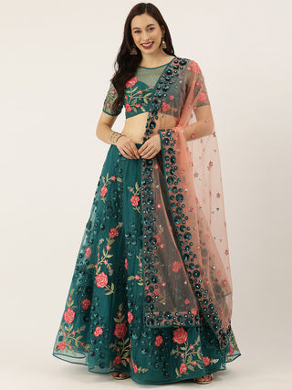 Teal Net Semi stitched Coding, Sequins and Saroski Stone Work Lehenga Choli ClothsVilla