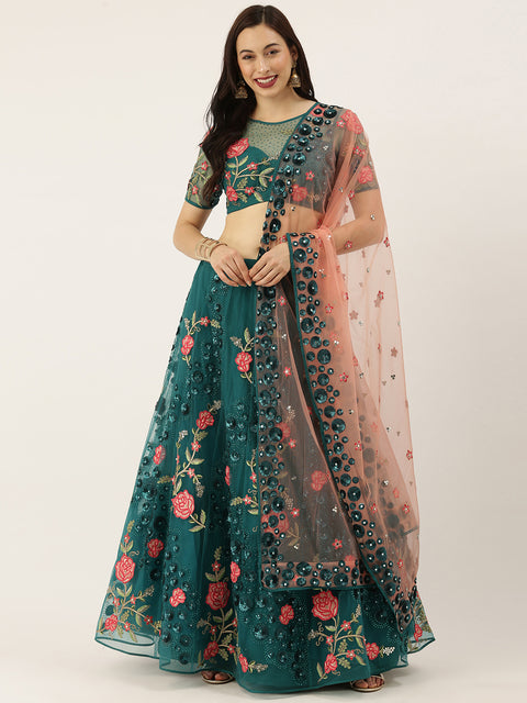 Teal Net Semi stitched Coding, Sequins and Saroski Stone Work Lehenga Choli ClothsVilla Main image
