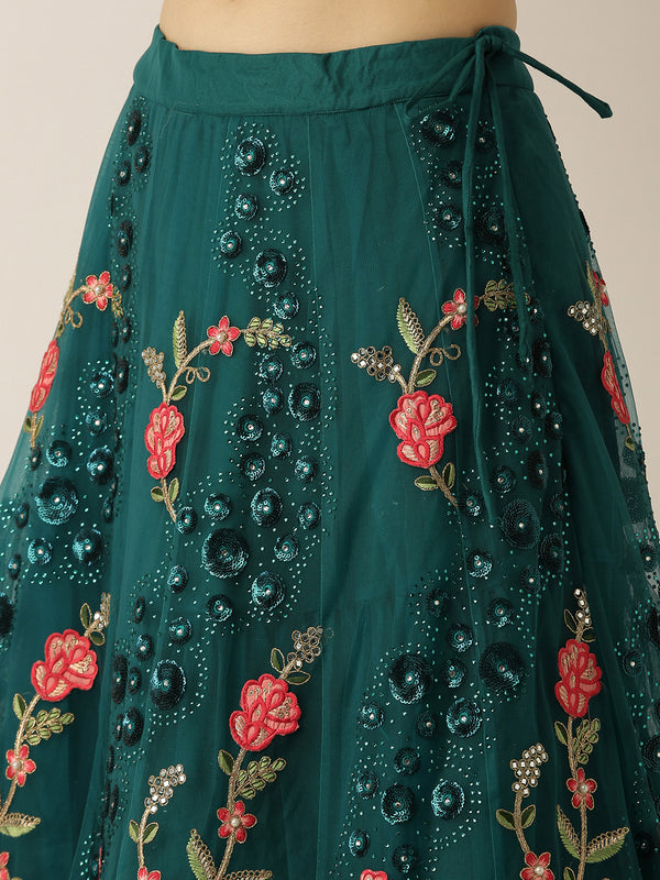 Teal Net Semi stitched Coding, Sequins and Saroski Stone Work Lehenga Choli ClothsVilla