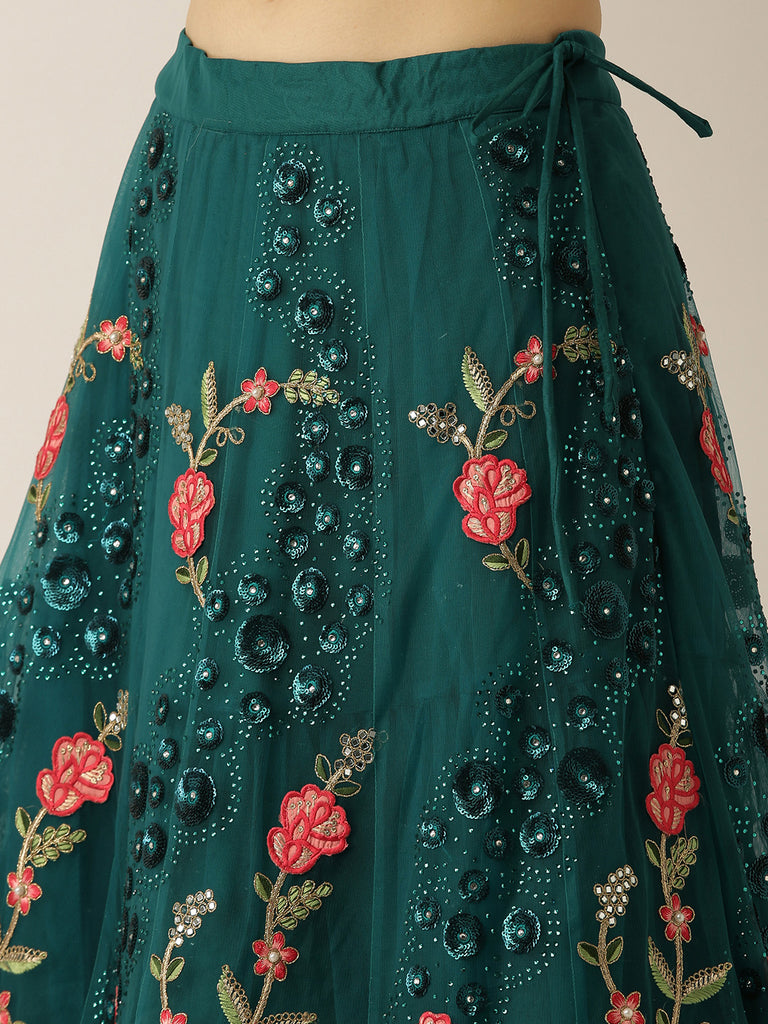 Teal Net Semi stitched Coding, Sequins and Saroski Stone Work Lehenga Choli ClothsVilla