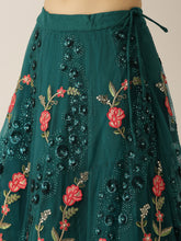 Load image into Gallery viewer, Teal Net Semi stitched Coding, Sequins and Saroski Stone Work Lehenga Choli ClothsVilla