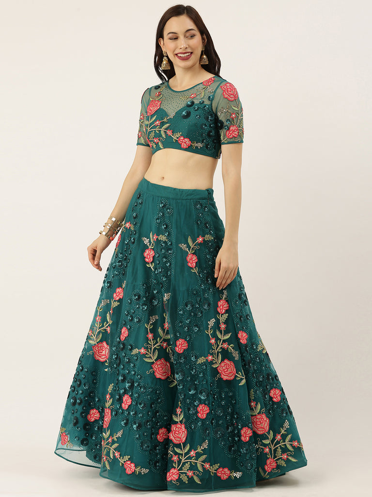 Teal Net Semi stitched Coding, Sequins and Saroski Stone Work Lehenga Choli ClothsVilla