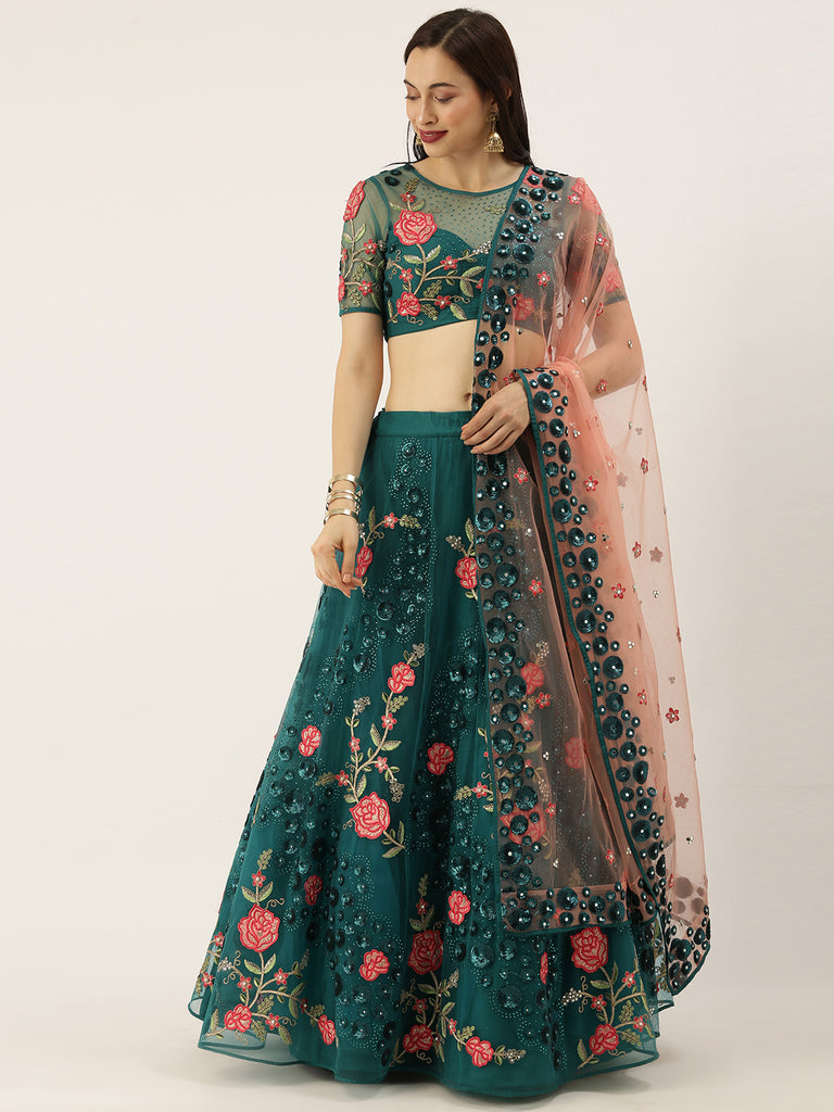 Teal Net Semi stitched Coding, Sequins and Saroski Stone Work Lehenga Choli ClothsVilla