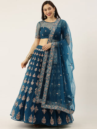 Teal Net Semi stitched Mirror and Coding Work Lehenga Choli Clothsvilla