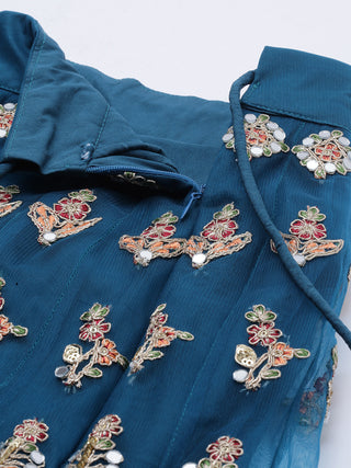 Teal Net Semi stitched Mirror and Coding Work Lehenga Choli Clothsvilla