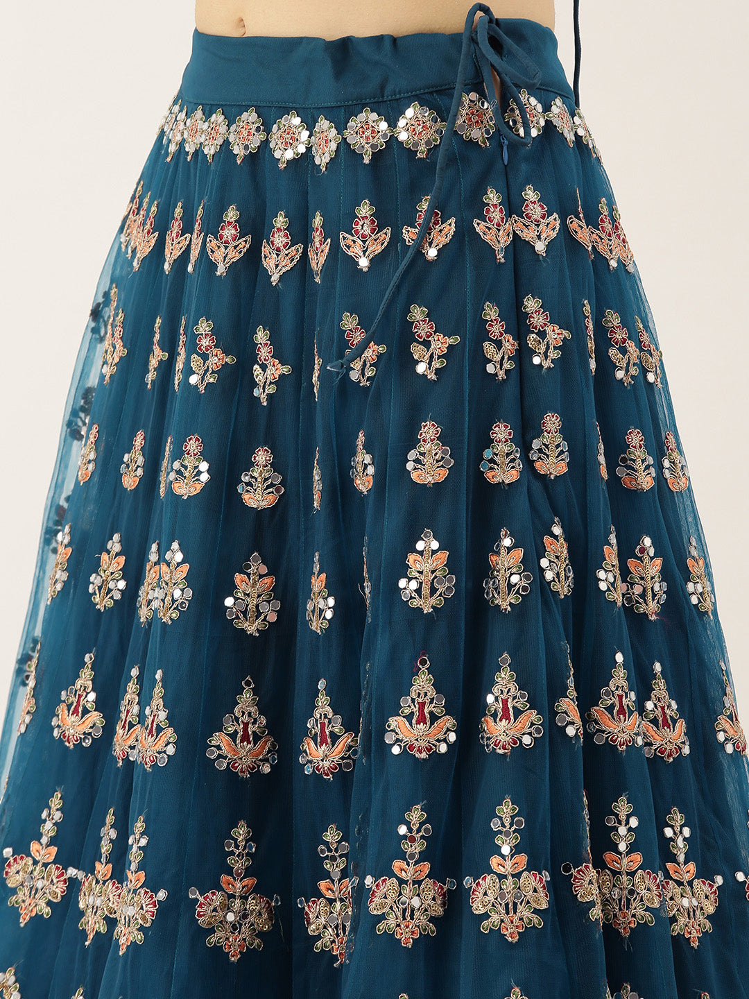 Teal Net Semi stitched Mirror and Coding Work Lehenga Choli Clothsvilla