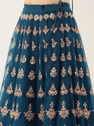 Teal Net Semi stitched Mirror and Coding Work Lehenga Choli Clothsvilla
