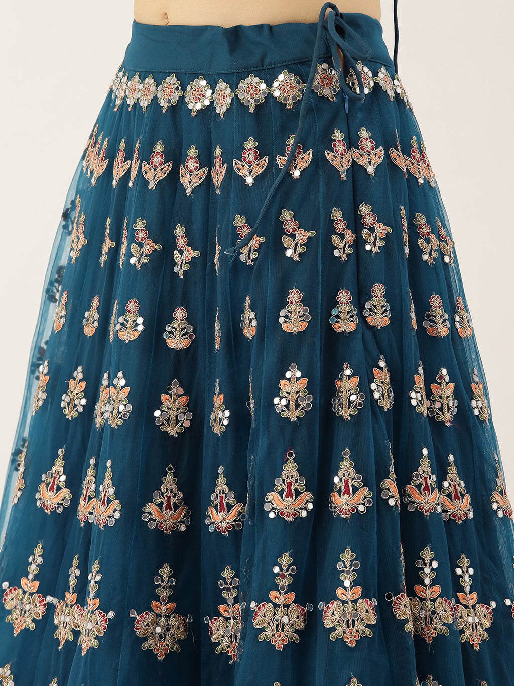 Teal Net Semi stitched Mirror and Coding Work Lehenga Choli Clothsvilla