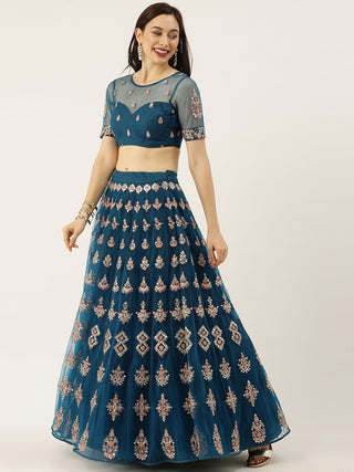 Teal Net Semi stitched Mirror and Coding Work Lehenga Choli Clothsvilla