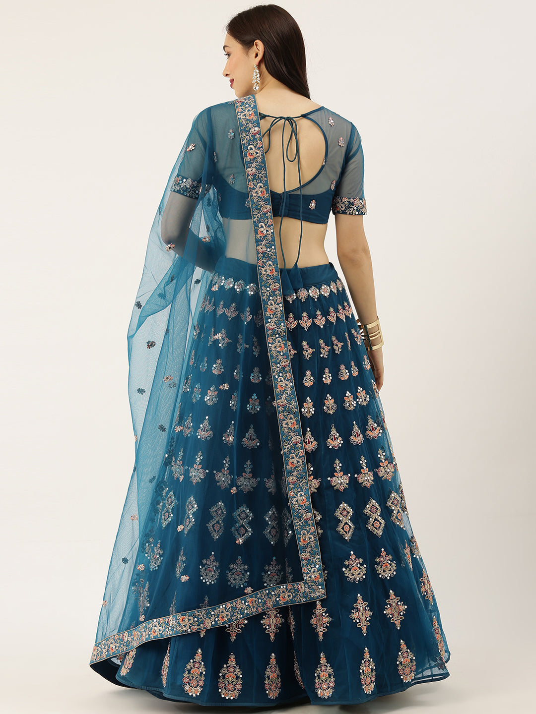 Teal Net Semi stitched Mirror and Coding Work Lehenga Choli Clothsvilla