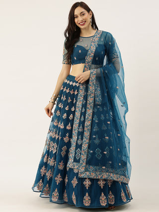 Teal Net Semi stitched Mirror and Coding Work Lehenga Choli Clothsvilla
