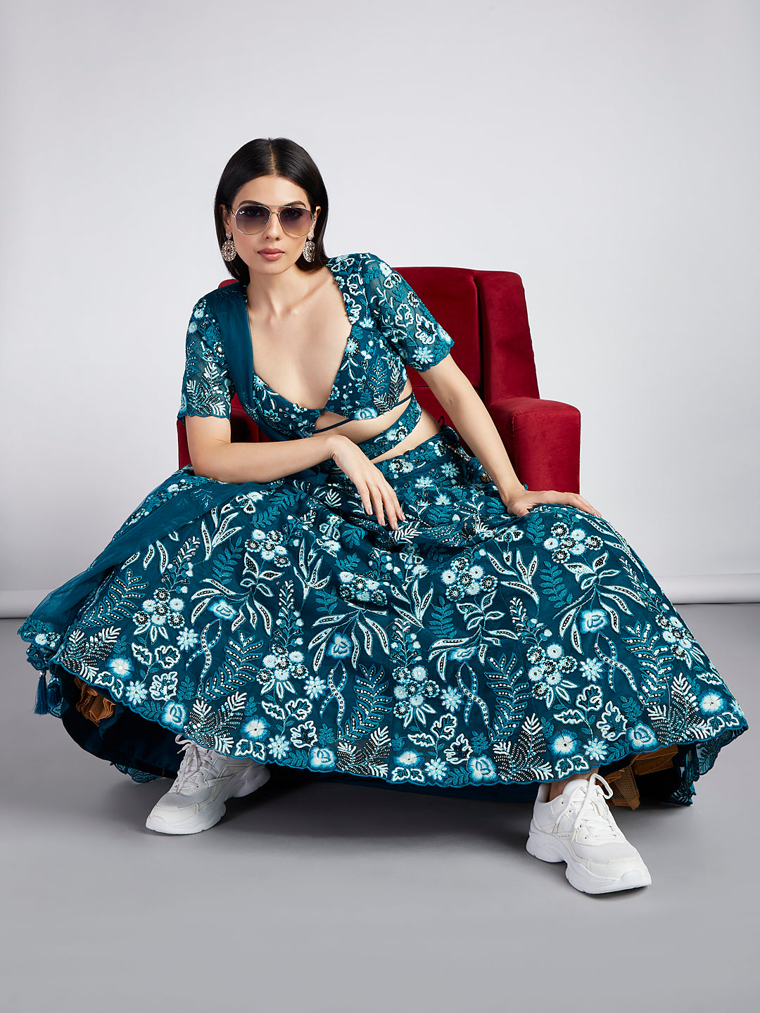 Teal Net Sequins, Mirror and thread embroidery Semi-Stitched Lehenga choli & Dupatta Clothsvilla
