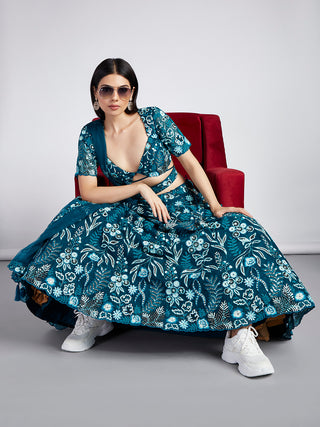 Teal Net Sequins, Mirror and thread embroidery Semi-Stitched Lehenga choli & Dupatta Clothsvilla