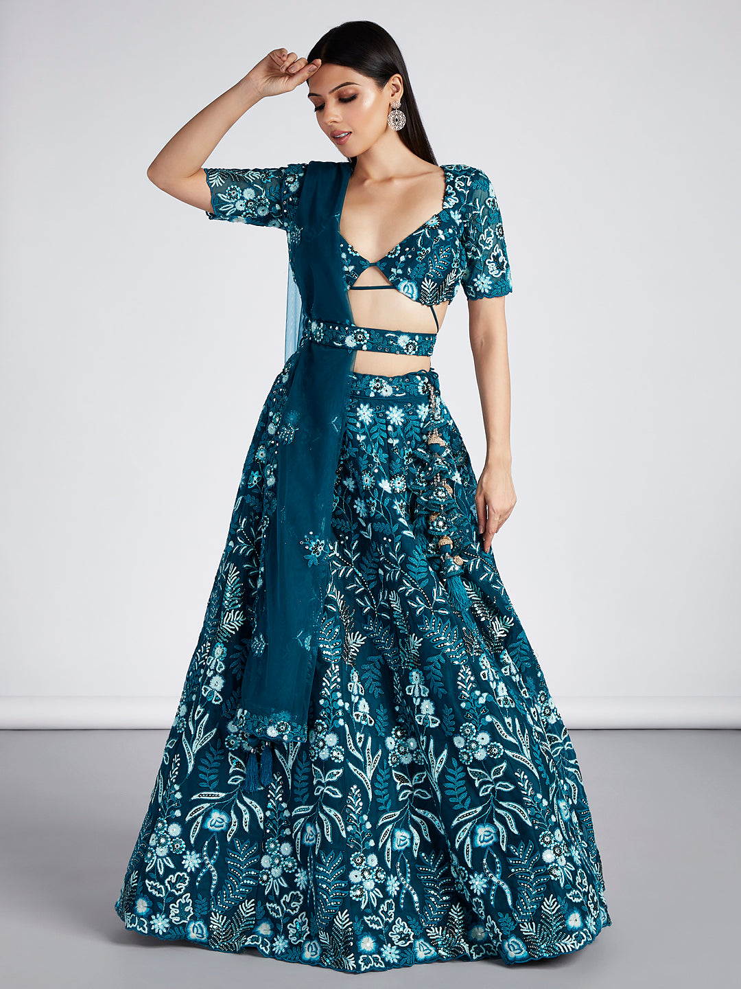 Teal Net Sequins, Mirror and thread embroidery Semi-Stitched Lehenga choli & Dupatta Clothsvilla