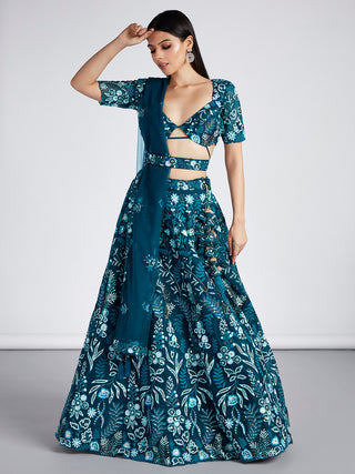 Teal Net Sequins, Mirror and thread embroidery Semi-Stitched Lehenga choli & Dupatta Clothsvilla