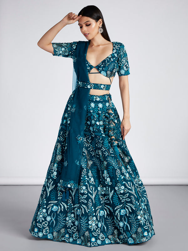Teal Net Sequins, Mirror and thread embroidery Semi-Stitched Lehenga choli & Dupatta Clothsvilla