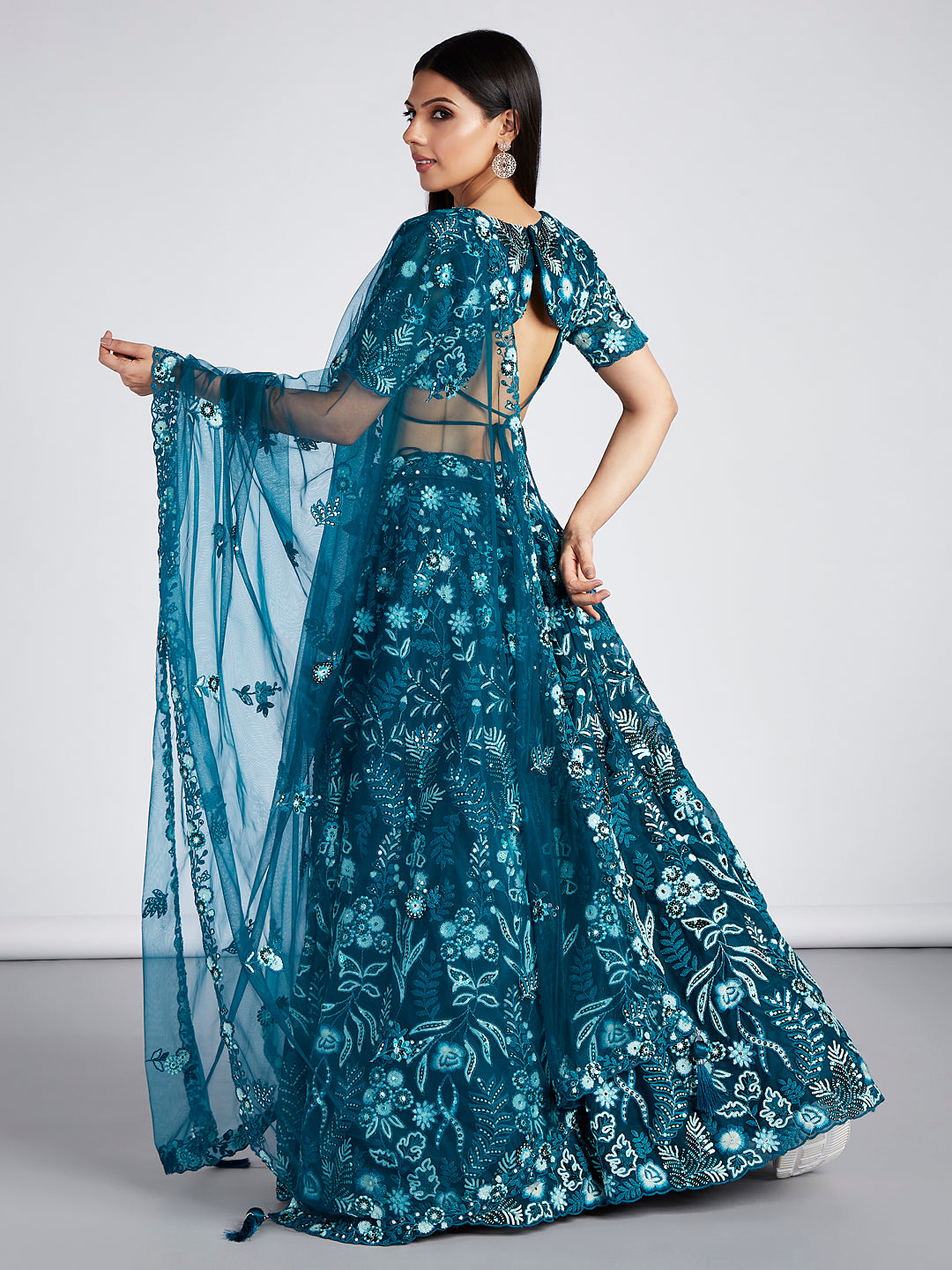 Teal Net Sequins, Mirror and thread embroidery Semi-Stitched Lehenga choli & Dupatta Clothsvilla