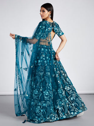 Teal Net Sequins, Mirror and thread embroidery Semi-Stitched Lehenga choli & Dupatta Clothsvilla