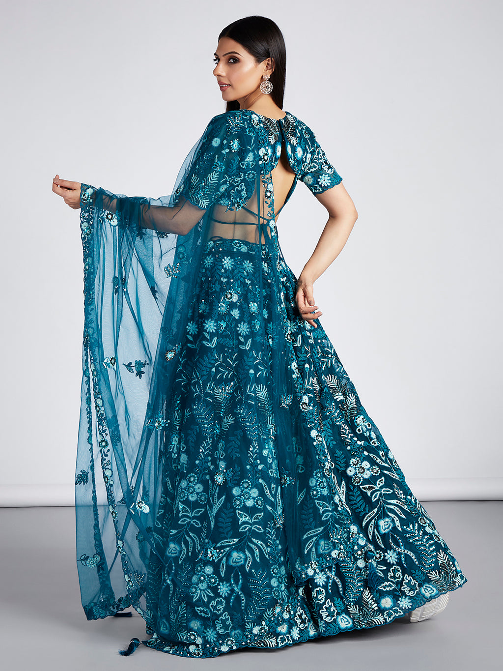 Teal Net Sequins, Mirror and thread embroidery Semi-Stitched Lehenga choli & Dupatta Clothsvilla