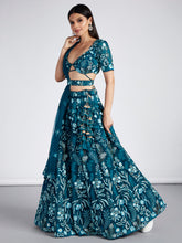 Load image into Gallery viewer, Teal Net Sequins, Mirror and thread embroidery Semi-Stitched Lehenga choli &amp; Dupatta Clothsvilla